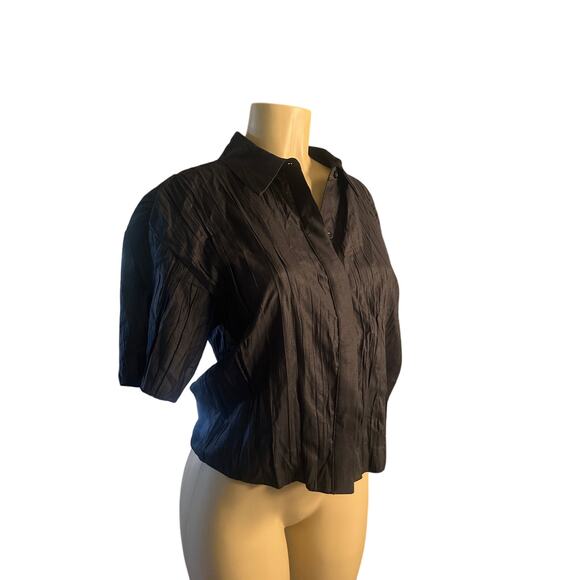 Women M Frame Denim Noir Black Button Blouse Shirt Top Collared Crinkle Puff - Picture 1 of 6